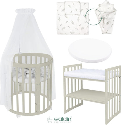 Waldin Oval Baby-Bett Mitwachsend Komplett Set 7in1, Gitterbett, Kinderbett mit Matratze, Wickelkommode, Beistellbett, Holz Weiß