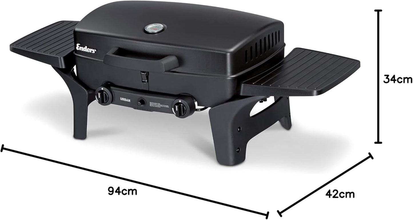 EndersGasgrill Urban II Pro, Tischgrill, Grillen-, Kochen- und Backen Funktion, 2 Brenner Edelstahl, mit Grill-Thermometer, Balkon-, Camping-Grill, Aluguss-Gehäuse, Gusseisen-Rost, #2062
