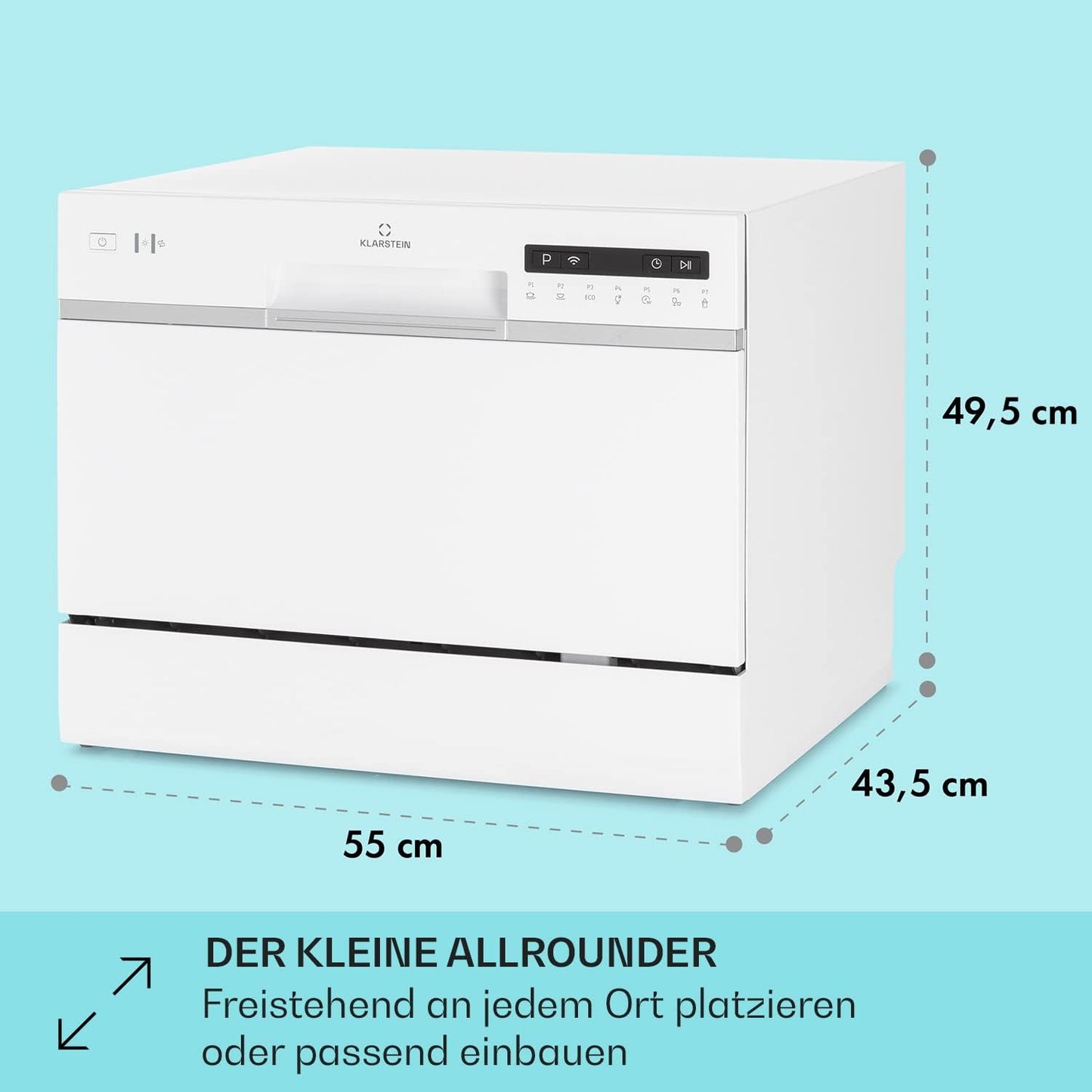 Klarstein  ia 8 - Spülmaschine, Geschirrspüler, Freistehend, Teilintegriert, F, 55 cm breit, 8 Maßgedecke, 6 Programme, Aquastop, silber
