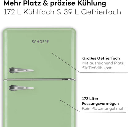 SCHOEPF – RKG218SG Kühl-Gefrierkombination – 211 L – Retro Design – LED-Beleuchtung – 39 dB – Grün/Mint – Höhenverstellbare Füße – Freistehend – Vintage Look