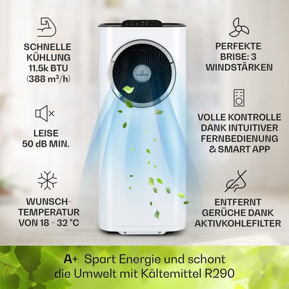 Klarstein Mobile Klimaanlage mit Abluftschlauch, 5-in-1 Klimagerät, Ventilator, Luftentfeuchter, Luftreiniger & Nachtmodus, App-Steuerung, Kleine & Portable für Wohnung & Büro, 12000 BTU