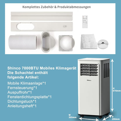 SHINCO Mobile Klimaanlage mit Abluftschlauch, 3-in-1Klimaanlage mit Luftentfeuchter&Ventilator, 7000BTU, 2,05 kW, Mobiles Klimagert mit Schlafmodus, Timer und Montagematerial, Rume bis 54m