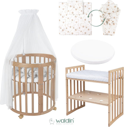 Waldin Oval Baby-Bett Mitwachsend Komplett Set 7in1, Gitterbett, Kinderbett mit Matratze, Wickelkommode, Beistellbett, Holz Weiß