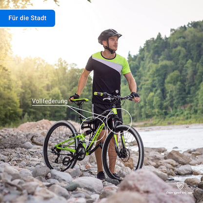 Bergsteiger Kodiak 26 Zoll, 29 Zoll Mountainbike, Scheibenbremse, Shimano 21 Gang-Schaltung, Vollfederung, Fully MTB für Jungen, Mädchen, Damen & Herren