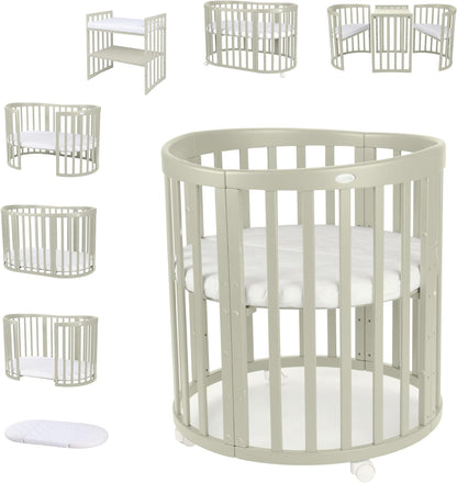 Waldin Oval Baby-Bett Mitwachsend Komplett Set 7in1, Gitterbett, Kinderbett mit Matratze, Wickelkommode, Beistellbett, Holz Weiß