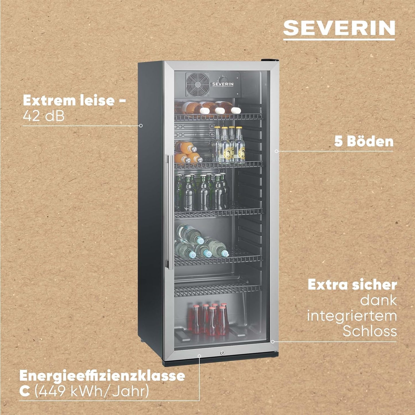 SEVERIN Flaschenkühlschrank, mit integriertem Schloss und integrierter LED-Beleuchtung, 118 L Nutzinhalt, schwarz/silber, FSK 8840