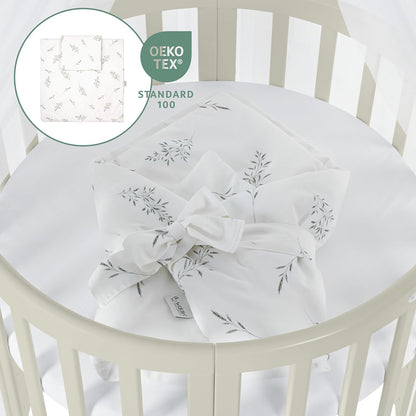 Waldin Oval Baby-Bett Mitwachsend Komplett Set 7in1, Gitterbett, Kinderbett mit Matratze, Wickelkommode, Beistellbett, Holz Weiß