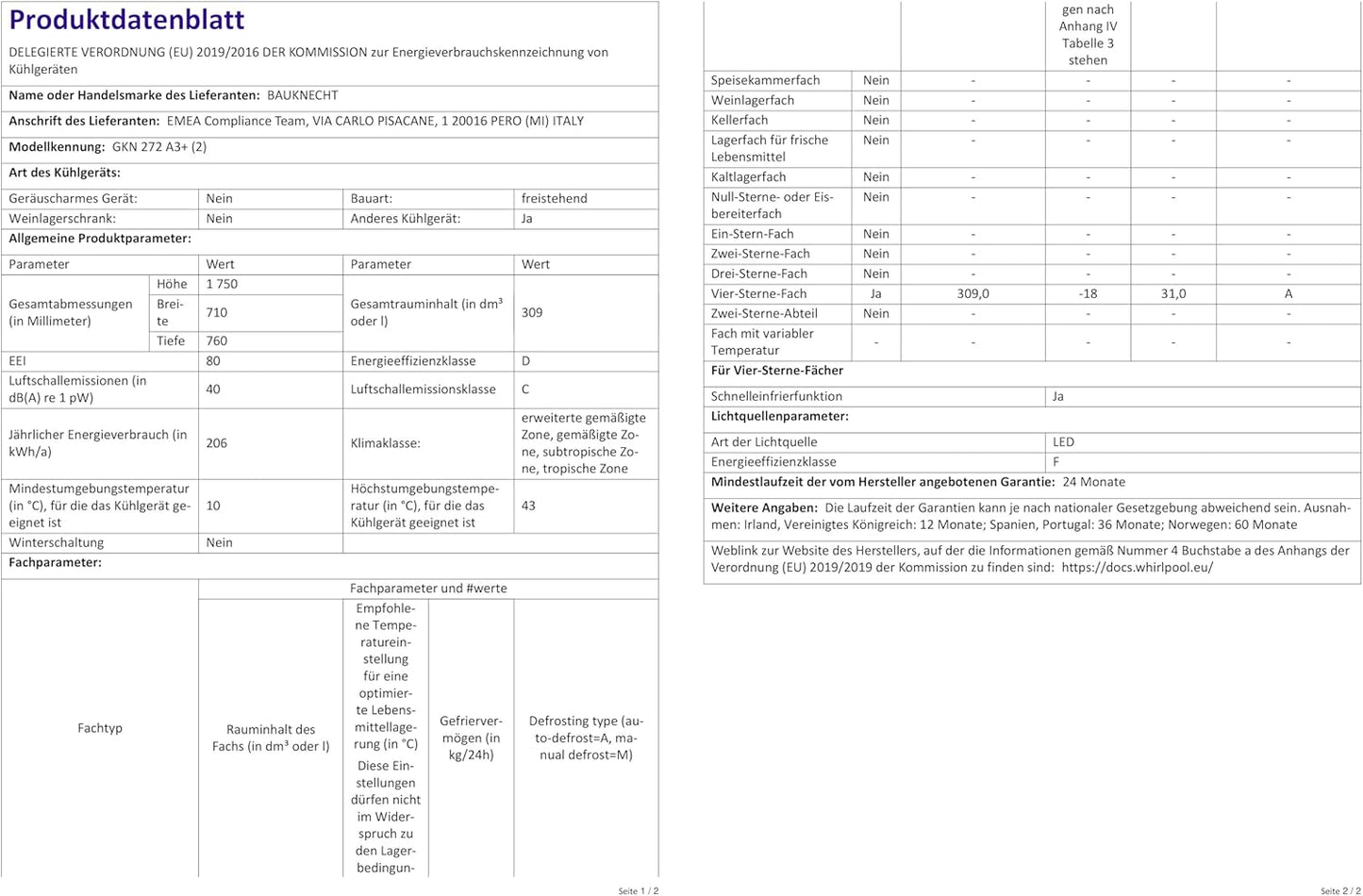 Bauknecht GKN 272 A3+ Gefrierschrank / 309 L Gesamtnutzinhalt / NoFrost / EasyOpen Ventil / Innenbeleuchtung / Elektronische Steuerung mit innenliegendem Bedienfeld, Weiß