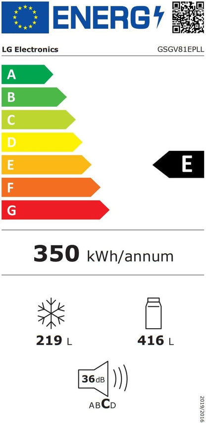 LG GSGV81PYLL Side by Side Kühlschrank, Klasse E, 635 L, Instaview, Kühlschrank mit Gefrierfach, Eis-, Crushed Ice- Wasserspender, Total NoFrost, Smart Inverter Kompressor, Wi-Fi