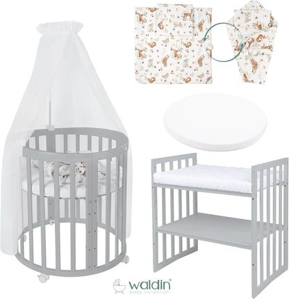 Waldin Oval Baby-Bett Mitwachsend Komplett Set 7in1, Gitterbett, Kinderbett mit Matratze, Wickelkommode, Beistellbett, Holz Weiß