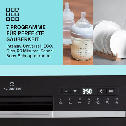 Klarstein  ia 8 - Spülmaschine, Geschirrspüler, Freistehend, Teilintegriert, F, 55 cm breit, 8 Maßgedecke, 6 Programme, Aquastop, silber